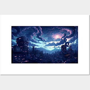 Twilight Metropolis Cyberpunk City Night Cityscape Posters and Art